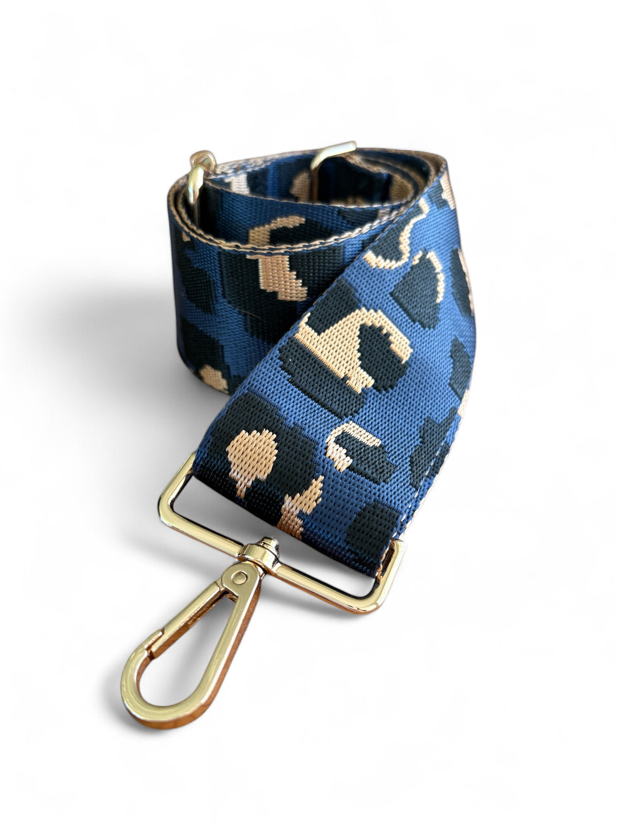 Webbing Shoulder Strap NEW Blue/Tan Leopard - Gold Hardware