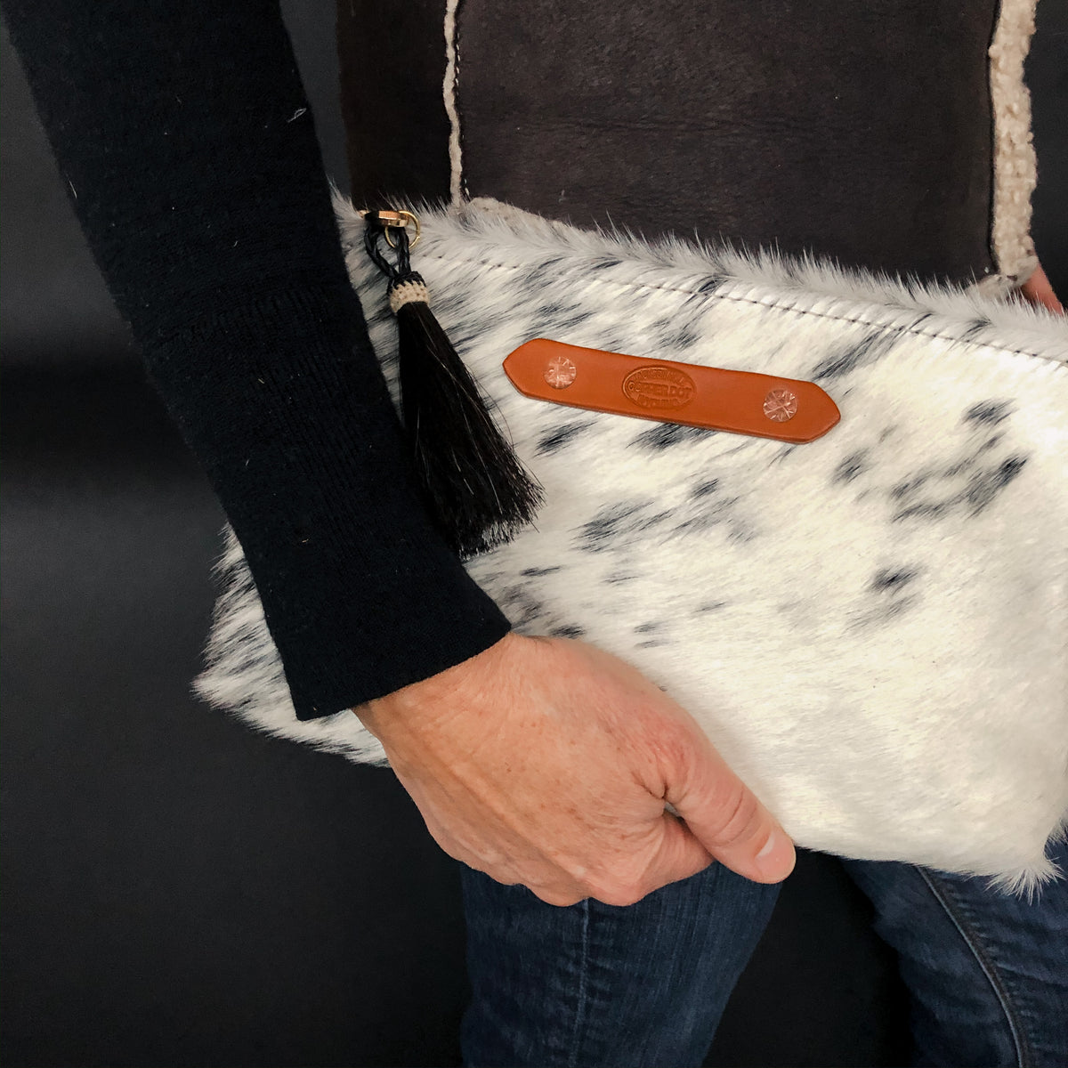 Cream &amp; Brown Hide Zippy Clutch