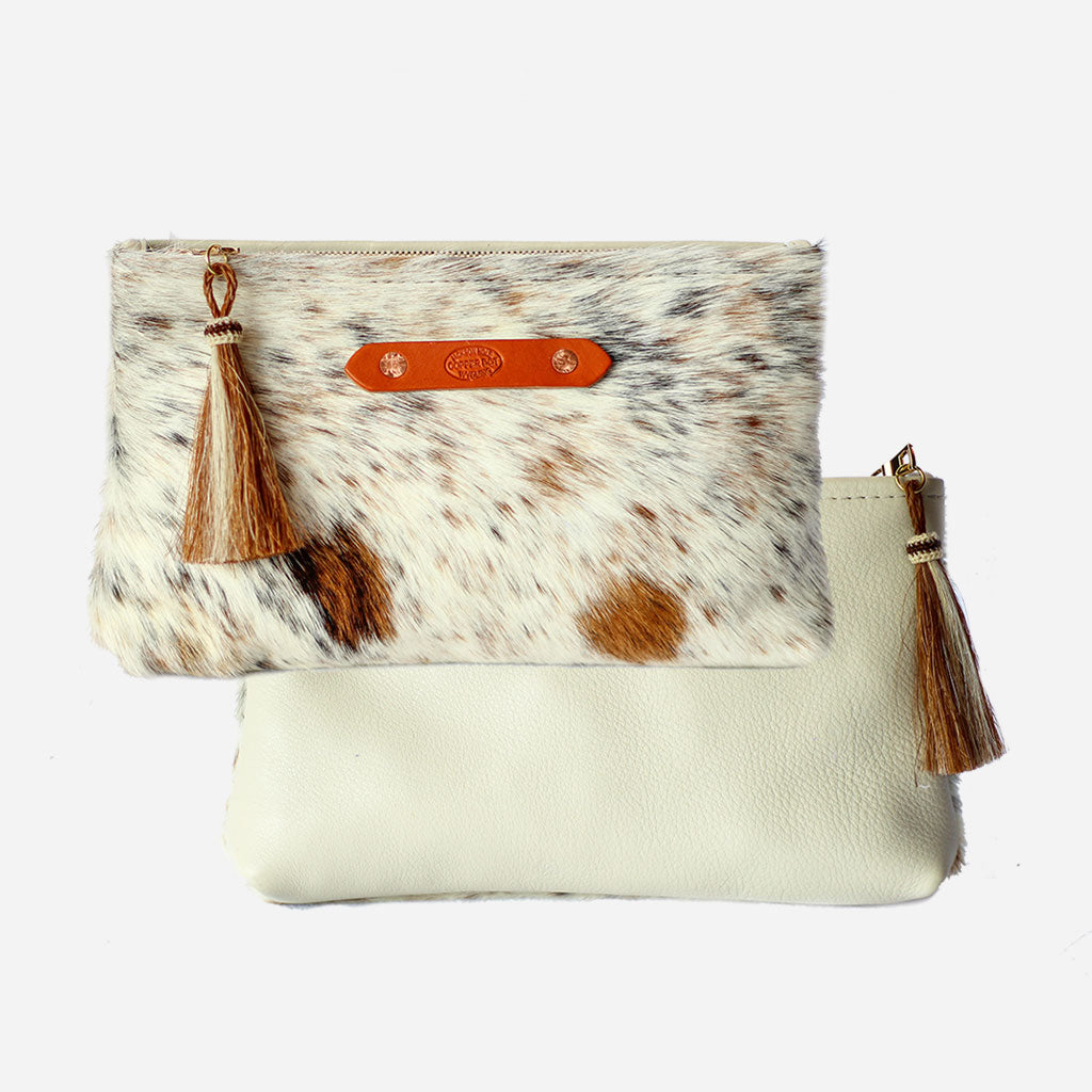 Cream &amp; Brown Hide Zippy Clutch