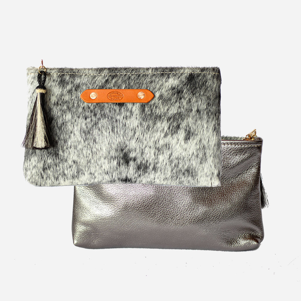 Silver Shimmer &amp; Black Hide Zippy Clutch